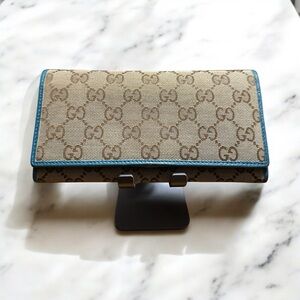 Gucci Beige and Blue Canvas & Leather Women's Long Flap Wallet